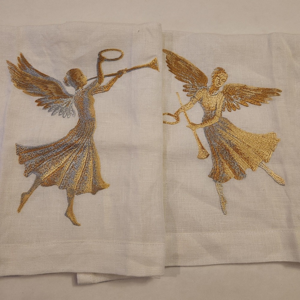 Anali Embroidered Linen  Set of 2 Gold Silver Angels Trumpet White